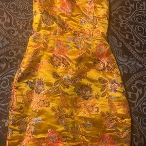 Mustard Oriental Satin Bandeau Lace Up Dress.